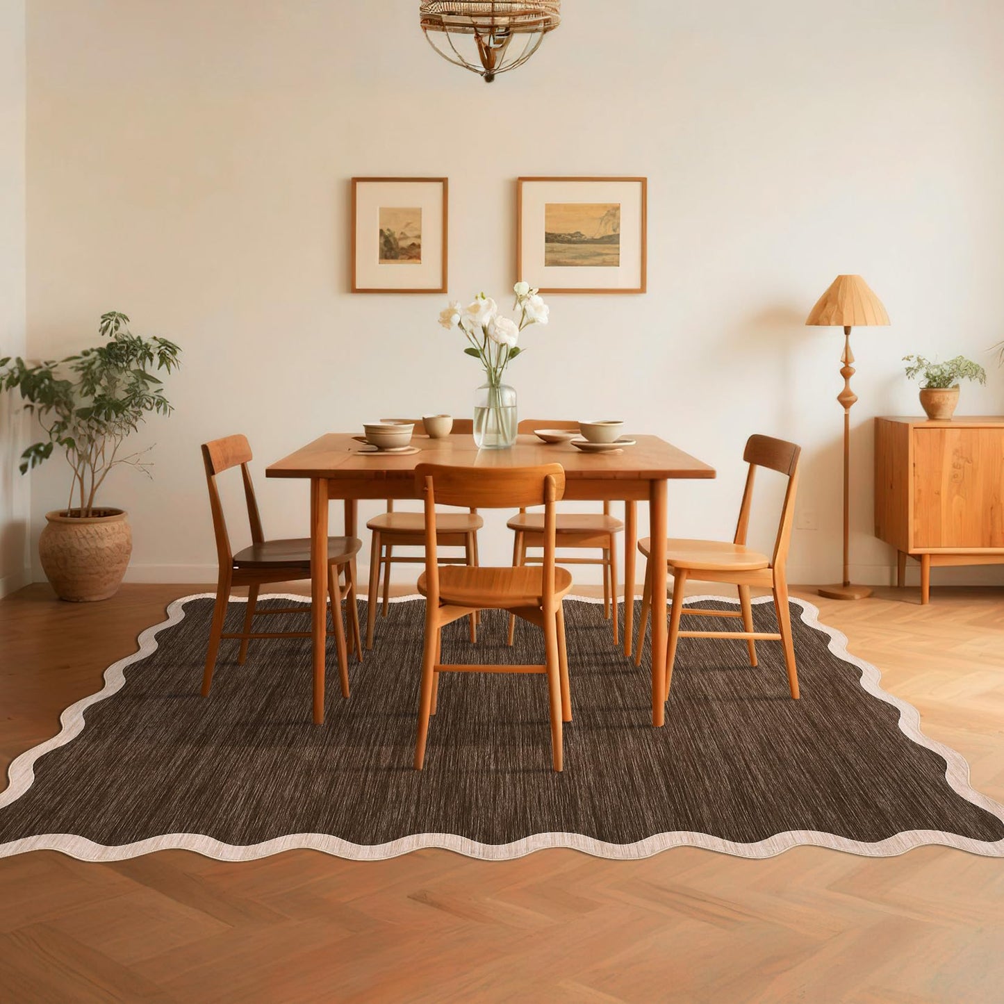 Garvee Scalloped Washable Rugs 9x12 Area Rug for Bedroom Rug Non Slip Throw Rugs Large Living Room Rug Modern Farmhouse Low Pile Soft Stain Resistant Carpet for Nursery Dining Room 9'x12' Dark Brown