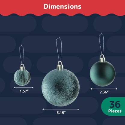 Prextex 36-Pieces Christmas Ornaments Set - Shatterproof, Festive Olive Green Christmas Tree Balls Decorations in 3 Sizes and 6 Styles with Hanging Loops for Tree, Wreath, Dazzling Holiday Party Decor