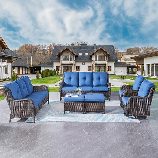 Rilyson Wicker Patio Furniture Set - 6 Piece Rattan Outdoor Sectional Conversation Sets with 2 Rocking Swivel Chairs,2 Ottomans and 2 Sofa for Porch Deck Garden(Brown/Blue)