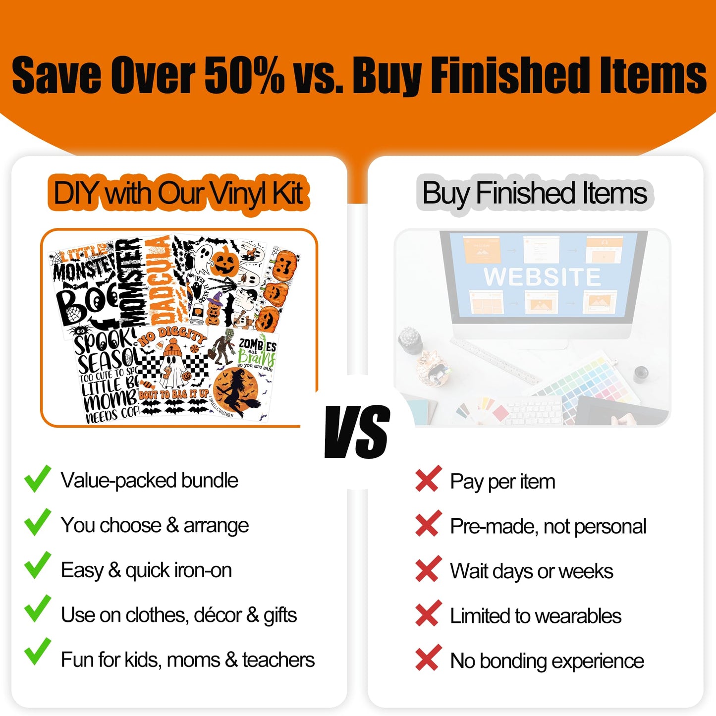 DIY Halloween Shirts for Women Kids Trick or Treat Bags Iron-on Heat Transfer Vinyls Set for Halloween Basket Pajamas Pillow Covers Blanket Tablecloth Runner Personalized Gifts Home Decorations