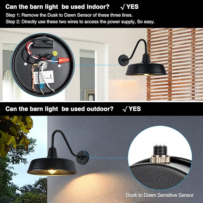 Gooseneck Barn-Lights Outdoor Fixture - 15 inch Farm Style Black Large Lighting Farmhouse Exterior Sconce Wall Light for House, Dusk to Dawn Sensor Front Door Porch Garage (15 inch)