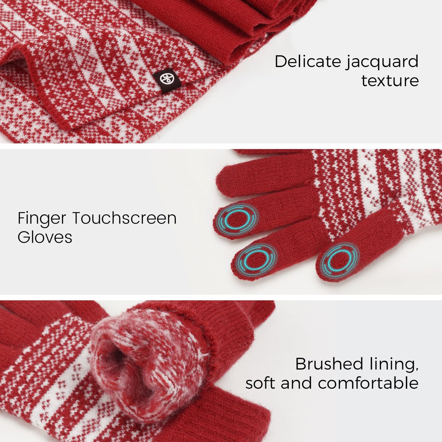 MA COWCF Womens Winter Beanie Hat Scarf Gloves Set, Touchscreen Gloves Long Scarf Thick Warm Knit Skull Caps Winter Gift for Women Men (Red)