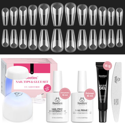 Beetles Gel Nail Kit Short Almond with Nail Dehydrator and Primer, 576Pcs Half Matte Etch-X Gel Nail Tips Solid Nail Glue Mini Nail Lamp Acrylic Nail Tips Easy DIY Nail Extension Set Gift for Women
