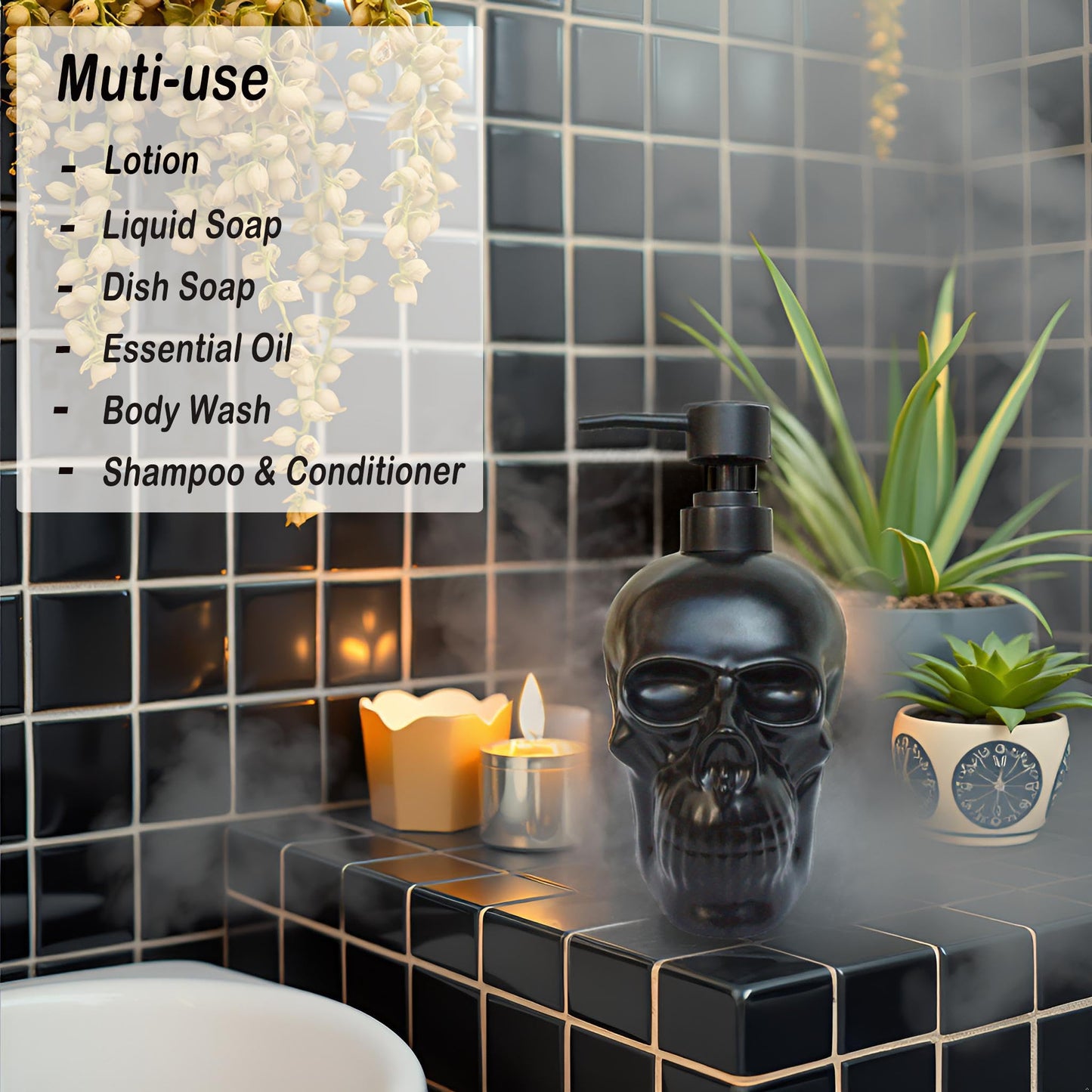 Caahanjia Ceramic Skull Soap Dispenser, Refillable Halloween Liquid Hand Soap Dispenser for Bathroom and Kitchen, Halloween Skull - Black