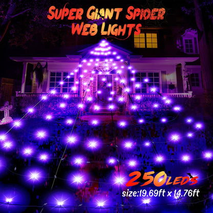 BlcTec Halloween Giant Spider Web Lights, 19.7ft x 14.7ft Lighted Black Spider Web with 250 LED, Sturdy Wire Halloween Web Lights with Waterproof, 8 Modes, Timer for Yard Haunted House Décor (Purple)