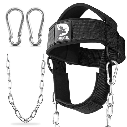 DMoose Fitness Neck Harness for Weight Lifting - Adjustable Head & Chin Strap with 30" Heavy Duty Steel Chain - Neck Exerciser, Trainer & Strengthener to Support Injury Recovery & Intense Workouts