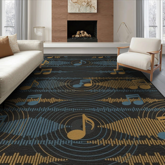 ODIKA 8'x10' Washable Area Rug Record Vinyl Retro Dj Turntable Featuring Grooves Wave Lines Non-Slip Chair-Friendly for Dining Room, Large Office, Lounge