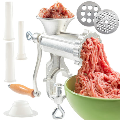 Meat Grinder with Tabletop Clamp- Cast Iron Meat Mincer and Sausage Maker Includes 3 Cutting Disks