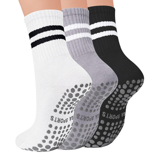 Mancreda Pilates Socks for Women with Non-Slip Grips 84% Cotton Yoga Socks for Barre, Hospital & Barefoot - One Size Fits Most (3 Pairs,JD)
