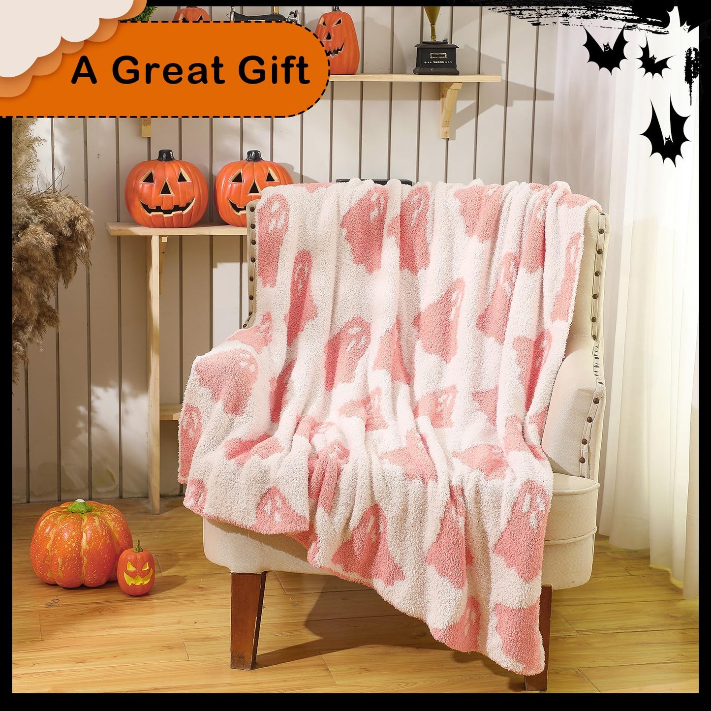 Tingjoo 50 x 60'' Halloween Microfiber Throw Blanket Pink Ghost Blanket Soft, Cozy, Fluffy for Living Room, Sofa, Bed (Ghost, Peach Pink)
