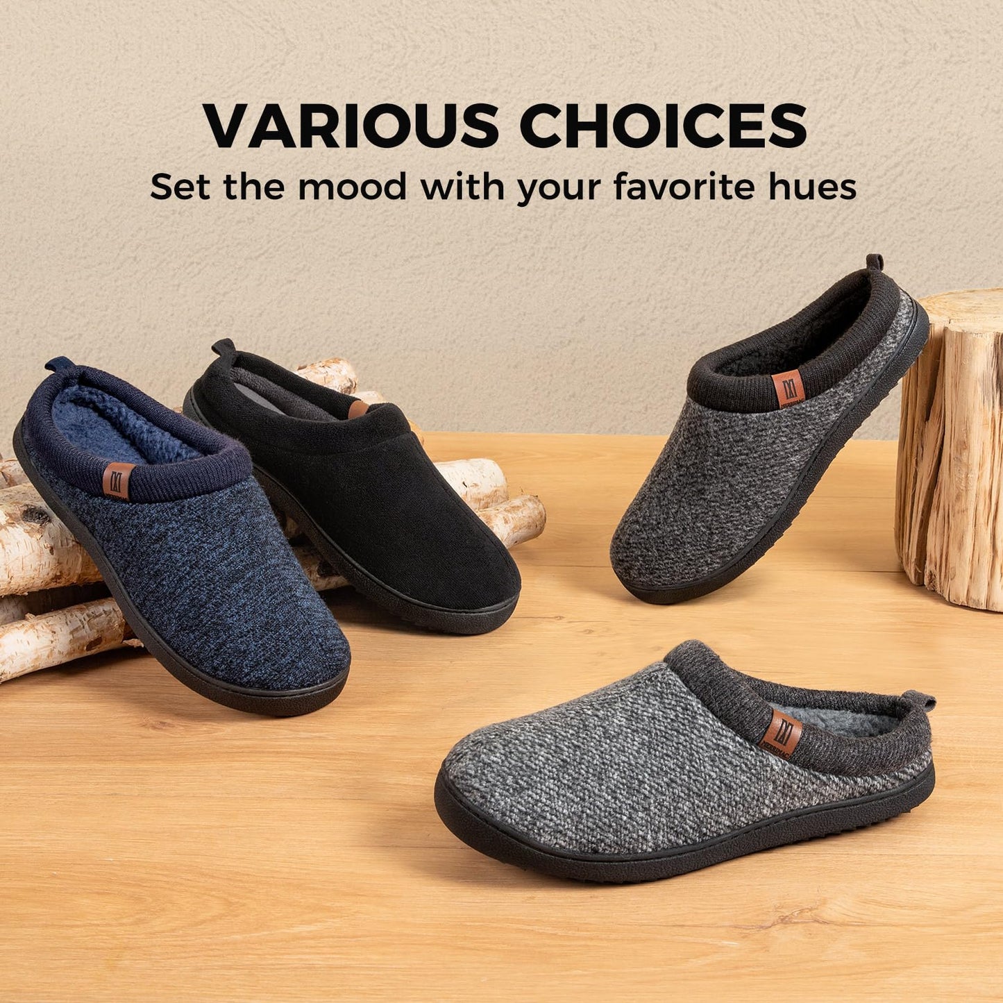 MERRIMAC Men's Slip-on Slippers Comfy Memory Foam Non-slip Indoor House Shoes Dark Black,9/10 UK