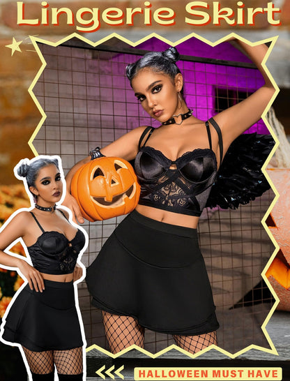 Avidlove Mini Skirt for Women Sexy Ruffle Trim Lingerie Skirt Short High Waist Double Layer Hem Solid Skirt(Black,XL)