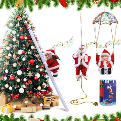 3 Pcs Electric Santa Claus Decoration - Rope Ladder Parachute Somersault Musical Santa Climbing Ladder Plush Doll Figurine Christmas Tree Hanging Ornaments Toys Xmas Gift