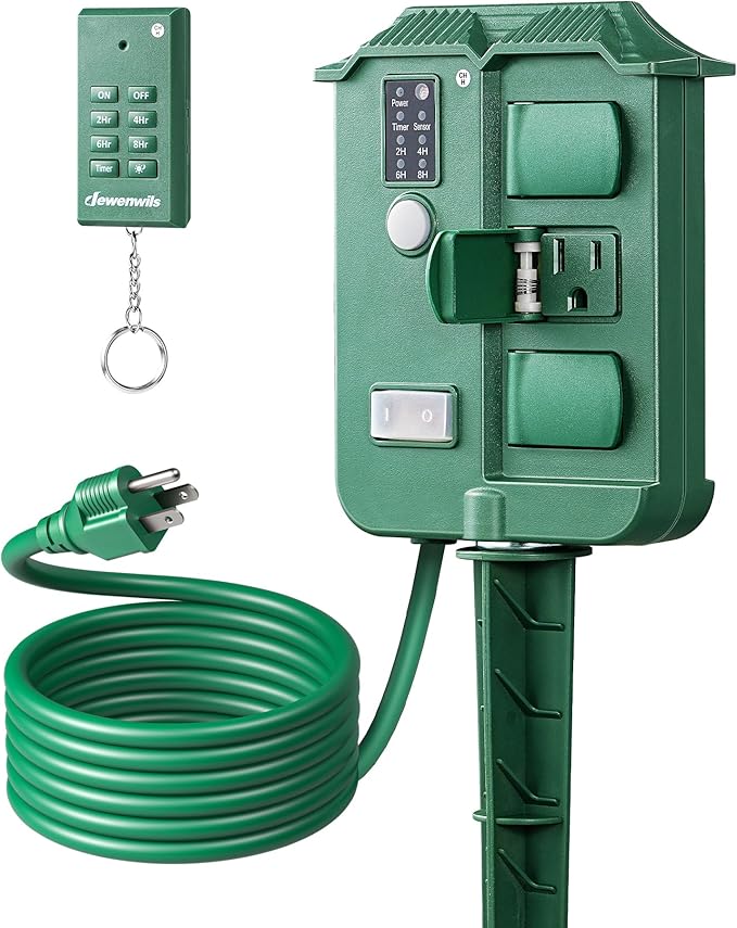 DEWENWILS Outdoor Power Stake Timer Waterproof, 6 Grounded Outlets, 6FT Extension Cord, 100FT Wireless Remote Control, Photocell Dusk to Dawn Timer for Christmas Lights, Garden, UL Listed