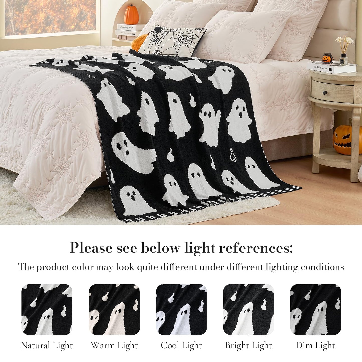 Amélie Home Reversible Halloween Throw Blanket for Couch, Spooky Halloween Ghost Cute Terror Scence, Chenille Knit Soft Cozy for Bed Sofa Home Decor Gifts, 50" x 60", Ghost