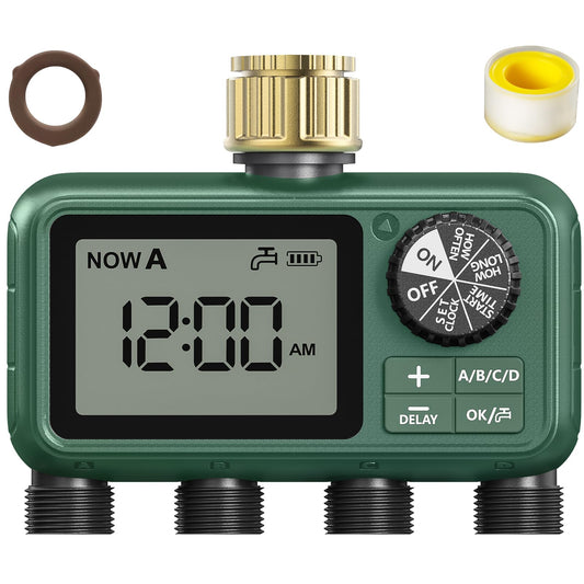 4 Outlet Sprinkler Timer Brass, Programmable Garden Hose Timer with Rain Delay, Manual& Automatic Watering System, Waterproof Gardening Supplies Irrigation Controller for 4 Separate Water Zones