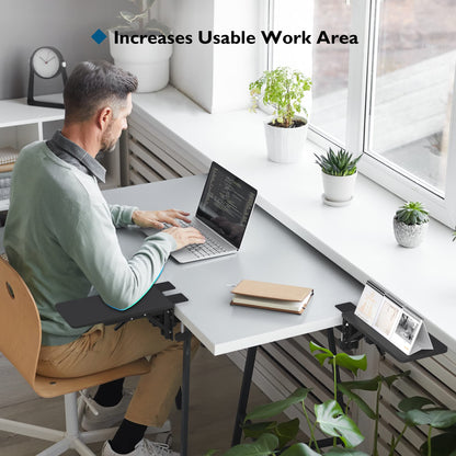 BONTEC Ergonomic Desk Extender Tray, 9.5"x9.1" Table Mount Arm Wrist Rest Shelf, 90° Foldable Elbow Support, Clamp on Computer Arm Rest for Desk, Office & Home Use, Durable & Easy to Install
