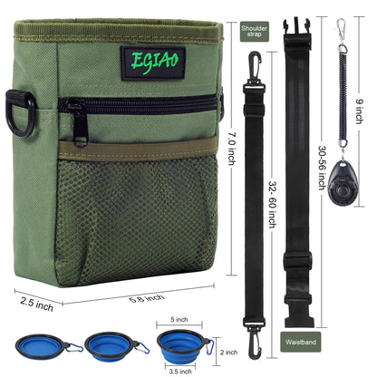 Dog Treat Pouch with Collapsible Dog Bowl, Training Clicker and Poop Bags, Treat Pouches for Pet Training, Magnetic Closure, Built-in Poop Bag Dispenser, Waist Belt Clip, Puppy Treat Bag - Green