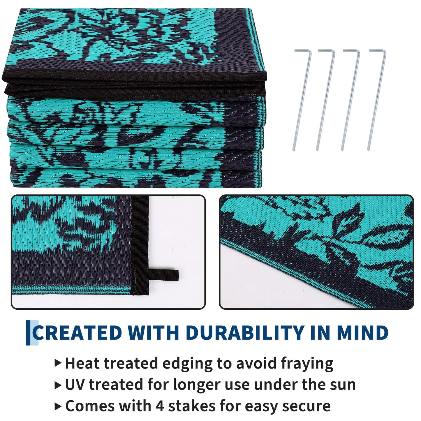 GarveeHome Outdoor Rug 9x12 Patio Waterproof, Reversible Plastic Straw Rugs for Camping, Picnic, Balcony, Porch, RV, Easy-Clean & Quick Dry Floral Pattern Large Indoor Outdoor Carpet, Teal