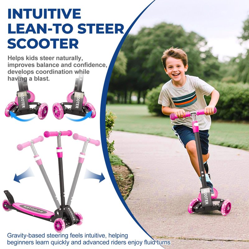 Kids 3-Wheel Kick Scooter – Adjustable Height, Gravity Steering, & LED Wheels, Foldable for Travel, Durable Metal Frame Supports up to 180 lbs