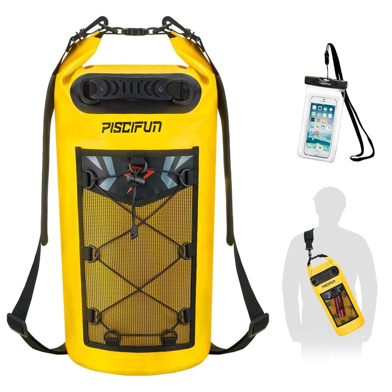 Piscifun Dry Bag, Waterproof Floating Backpack 10L with Waterproof Phone Case for Boating, Kayaking, Fishing, Yellow 10L