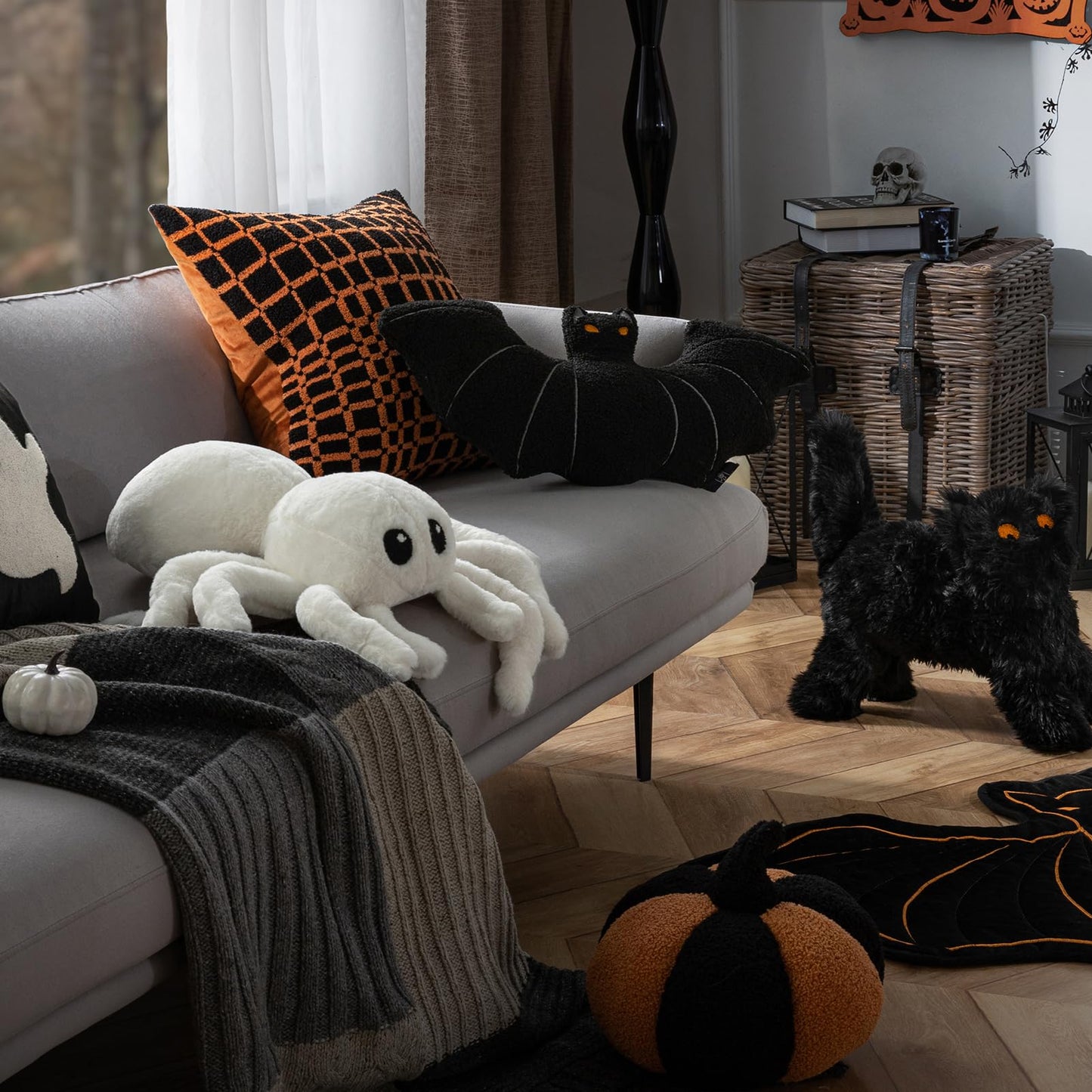 Phantoscope Happy Halloween Spider Shaped Throw Pillow, Faux Fur Fluffy Tarantula Shaped Halloween Cushion Pillow, White, 9 x 16 inch