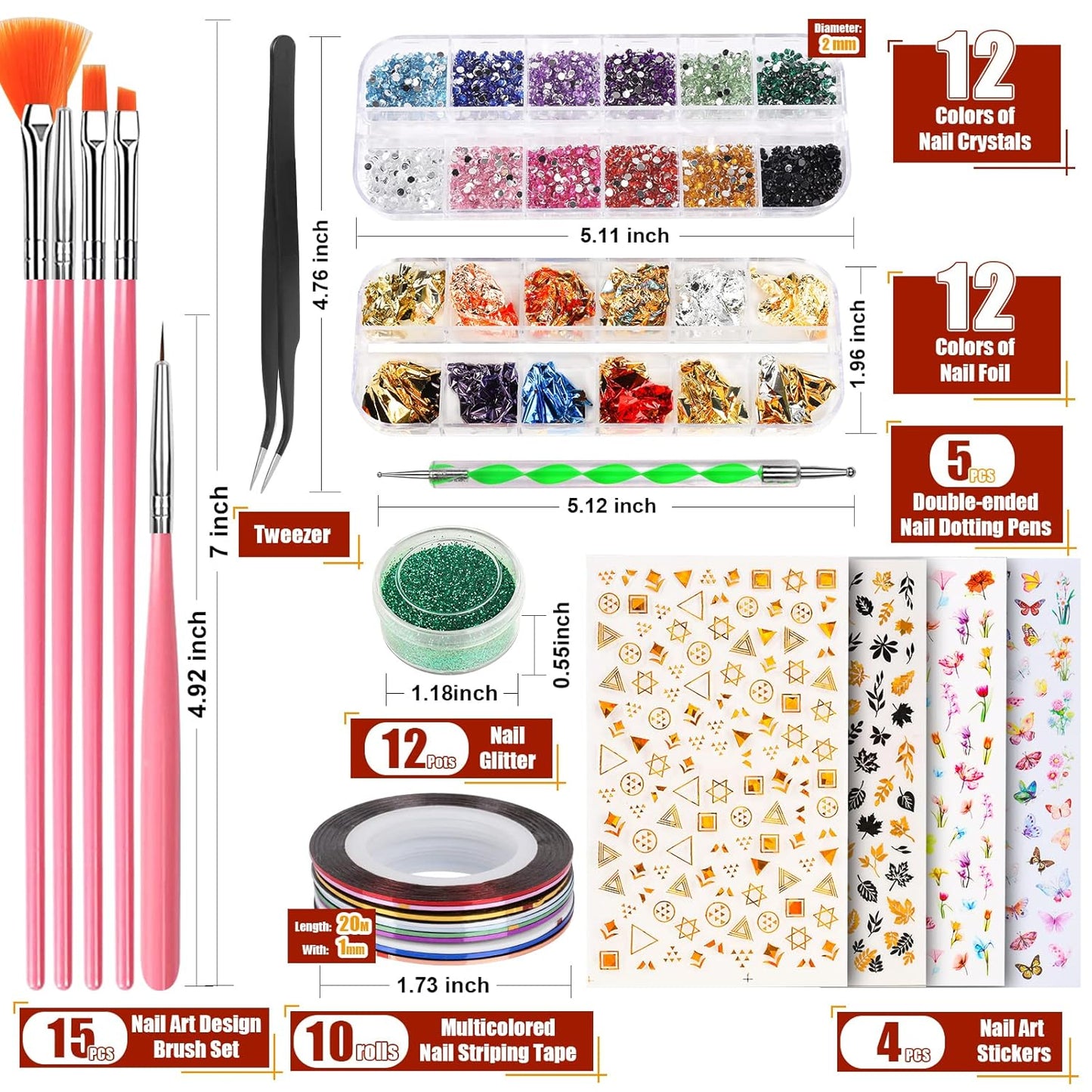 Teenitor Nail Art Brushes Nail Art Tools, Nail Brushes for Nail Art Kit with Nail Stickers, Nail Design Tools Nail Design Brushes Nail Gems, Nail Stuff Dotting Tools Nail Art Stickers Nail Supplies