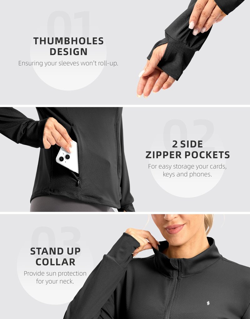 Soothfeel Women's UPF 50+ Lightweight Athletic Jackets Sun Protection Zip Up Long Sleeve Shirts Hiking Workout Outdoor Pocket, Black, L