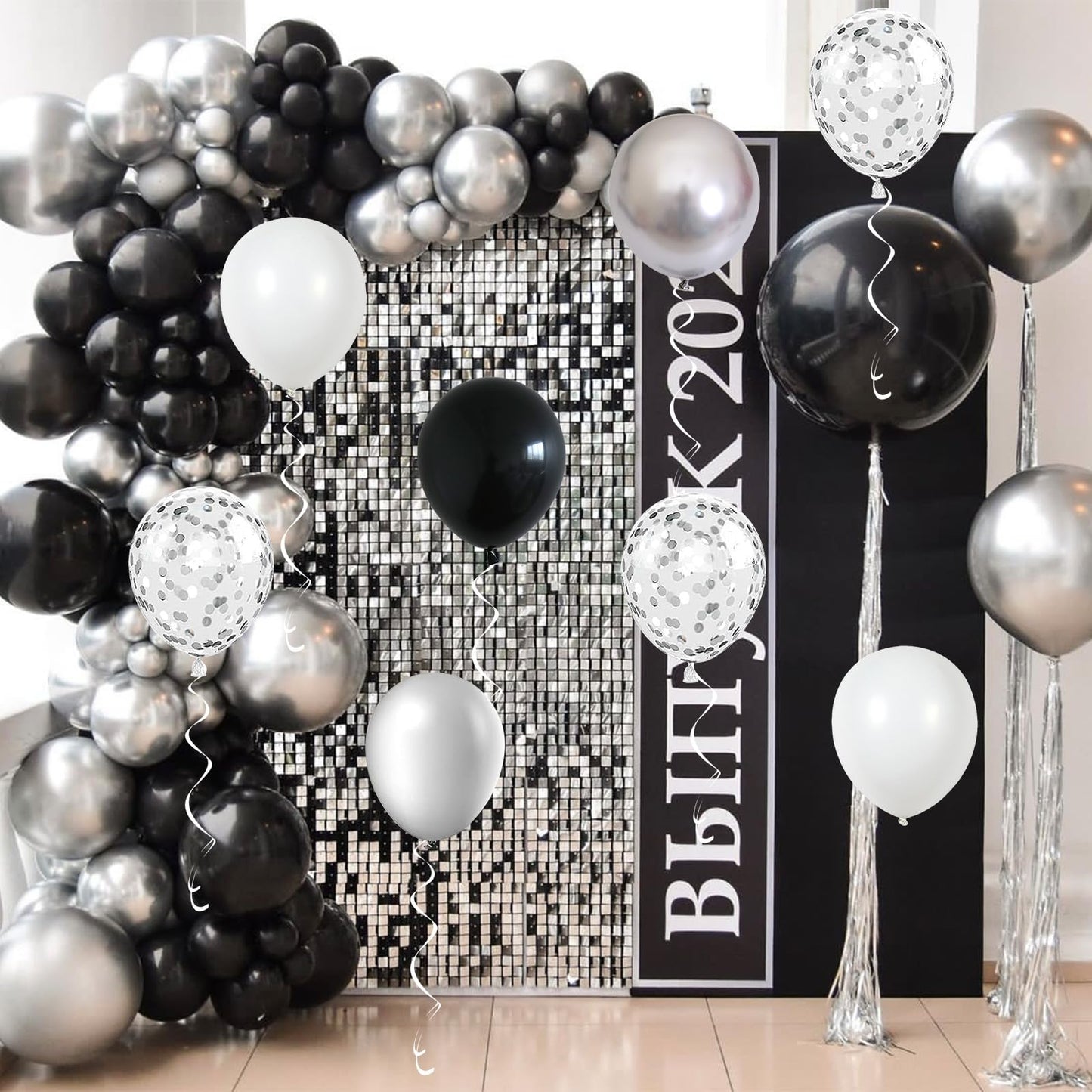 Black and Silver Balloons, 60 Packs 12 Inch Chrome Metallic Silver Balloons and Confetti Balloons, Black White Silver Balloon for Wedding Engagement Birthday Halloween Decorations