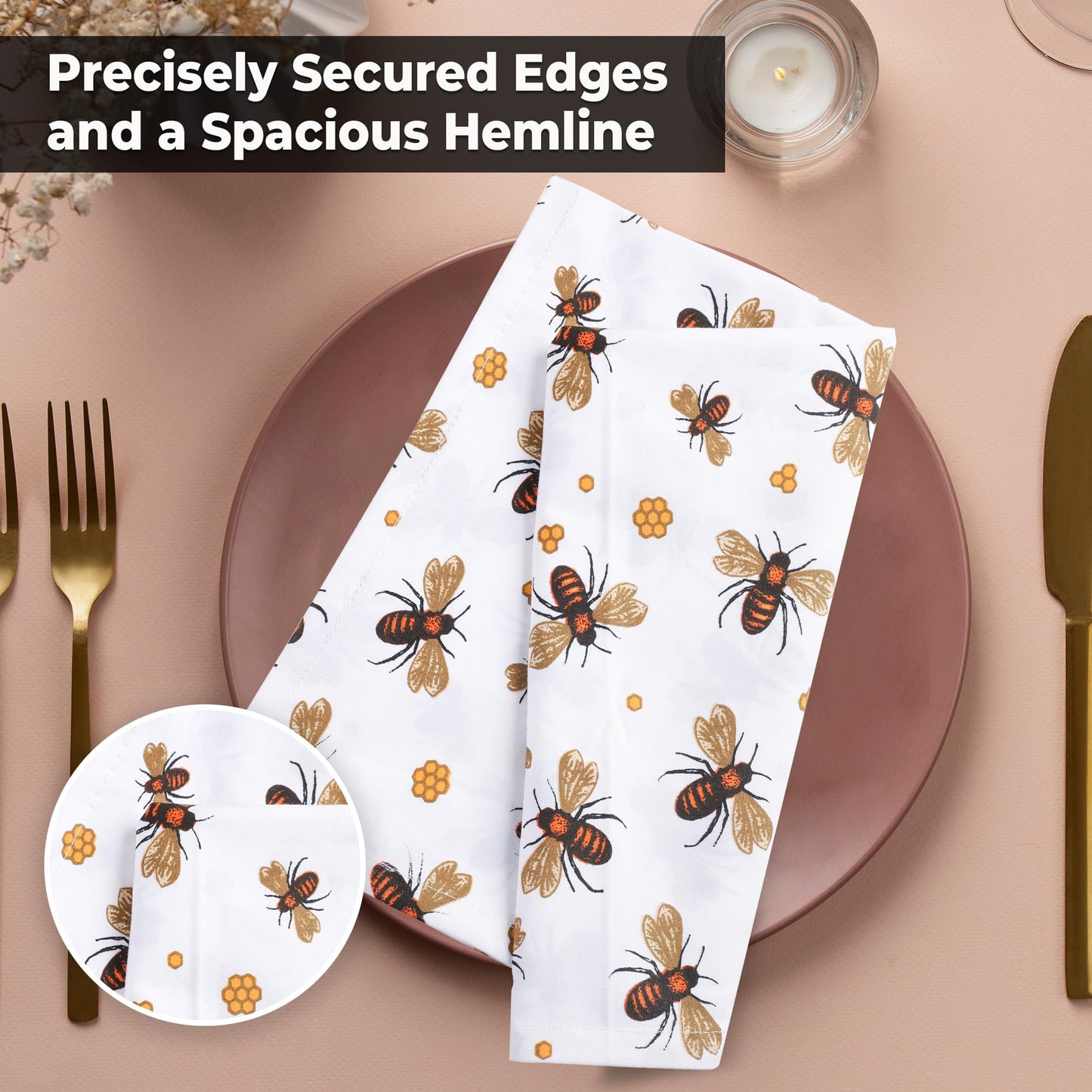 Urban Villa Dinner Napkins Honey Bee Print Cloth Napkins (Set of 12) Oversized 20x20 Inches 100% Cotton Premium Quality Soft Durable with Mitered Corners Reusable Washable Everyday Use Parties Napkins
