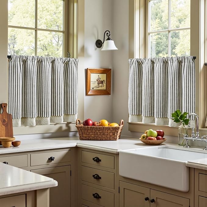 jinchan Double Layer Striped Linen Kitchen Tier Curtain Rustic Cafe for Living Room Bathroom Half Window Curtain Light Filtering Rod Pocket 1 Panel 24 Inch Charcoal Grey