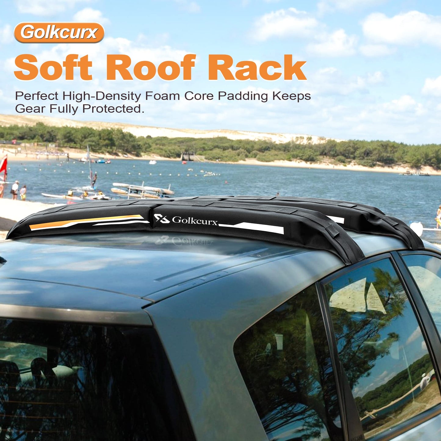 Golkcurx Universal Soft Roof Rack Pads for Kayak,Surfboard, SUP, Canoe, Snowboard with15FT Tie-Down Straps*2 and Storage Bag*1 (Black)