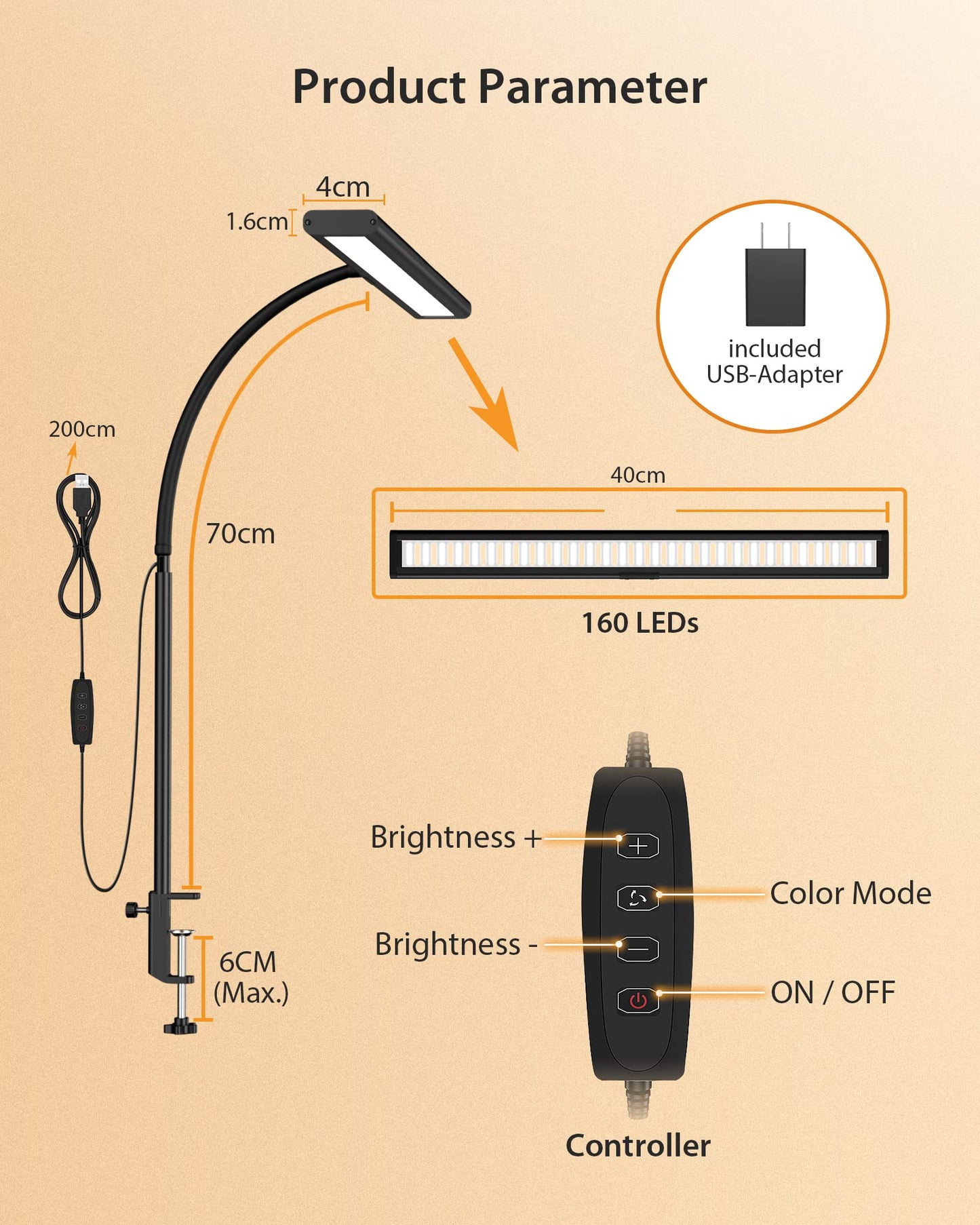 iFalarila 2024 Version 160 LED Desk Lamp - Super Bright Dimmable Clamp Lamp for Home Office with 3 Colour Temperatures and 10 Brightness Levels, Office Lamp with 10W USB Adapter