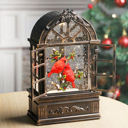 Gorrzai Cardinal Snow Globe Lantern Christmas Snow Globes Arched Window Shape Christmas Decorations Indoor for Home Timer Christmas Music Box, USB and Battery Powered