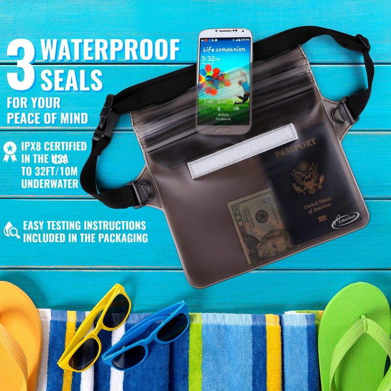 AiRunTech Waterproof Pouch with Waist Strap (2 Pack) | Beach Accessories Best Way to Keep Your Phone and Valuables Safe and Dry | Perfect for Boating Swimming Snorkeling Kayaking Beach(Grey+Yellow)