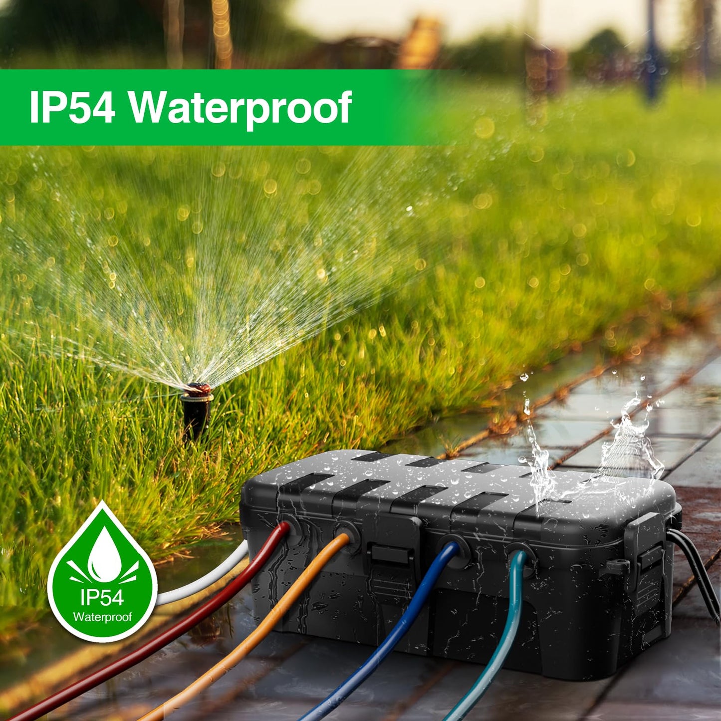 Flemoon Medium Outdoor Electrical Box (11.5x5.2x4 inch), IP54 Waterproof Extension Cord Cover w/6 Cable Entry Ports, Weatherproof Connection Box for Power Strip, Timer, Plug, Holiday Lights, Black