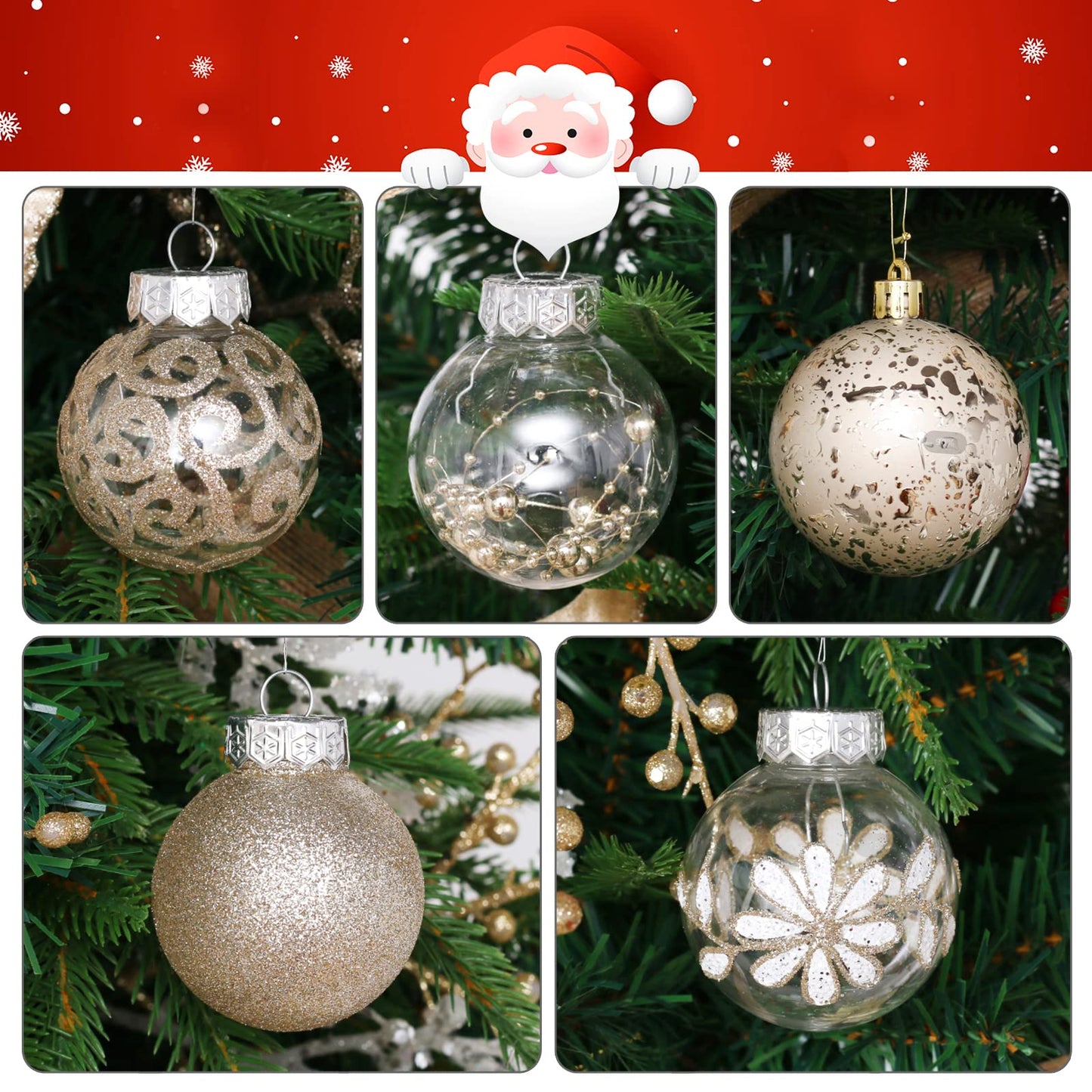 60mm/2.36inch Clear Christmas Ornaments Set, 30ct Champagne Christmas Ornaments Balls for Christmas Tree Decorations Shatterproof Transparent Baubles with Stuffed Decoration for Xmas Wedding Party