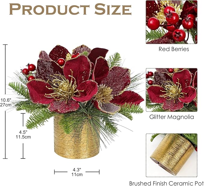 13 inch Christmas Table Centerpiece 5" Glitter Magnolia Flower and Berries Fir Greenery Artificial Christmas Floral Centerpiece in Silver Ceramic Pot Tabletop Xmas Table Arrangement Decor