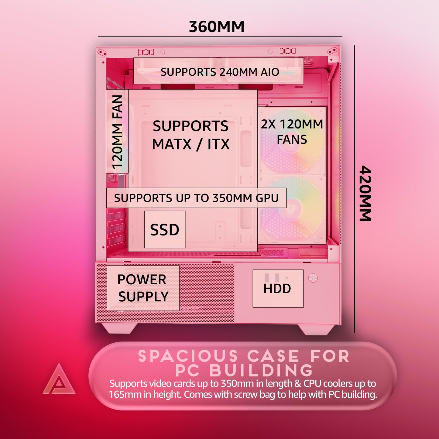 Apevia Phantom-PK Phantom Micro-ATX Dual-Chamber Gaming PC Case w/ 5X 120mm ARGB Fans, 366 RGB Modes, Dual Tempered Glass Panels, 240mm Radiator Support, 2X USB3.0, HD Audio Port, Pink