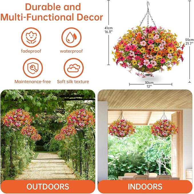 Artificial Fall Flowers with Hanging Baskets Outdoors for Decoration Faux mums for Outdoor planters Fake Mums Artificial Hanging Plants UV Resistant for Autumn Porch Home Patio Decor (Honey Gold)