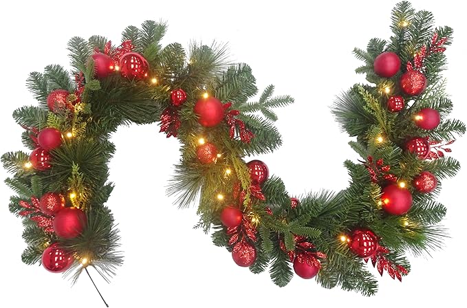 6 Feet Pre-lit Christmas Ornament Fake Pine Garland w 24 Red Balls Real Grapevine Base (30 LED Lights, 8 Flash Options) for Xmas Decor at Shop Home Door Corridor Wall Window Table Cabinet (Battery)