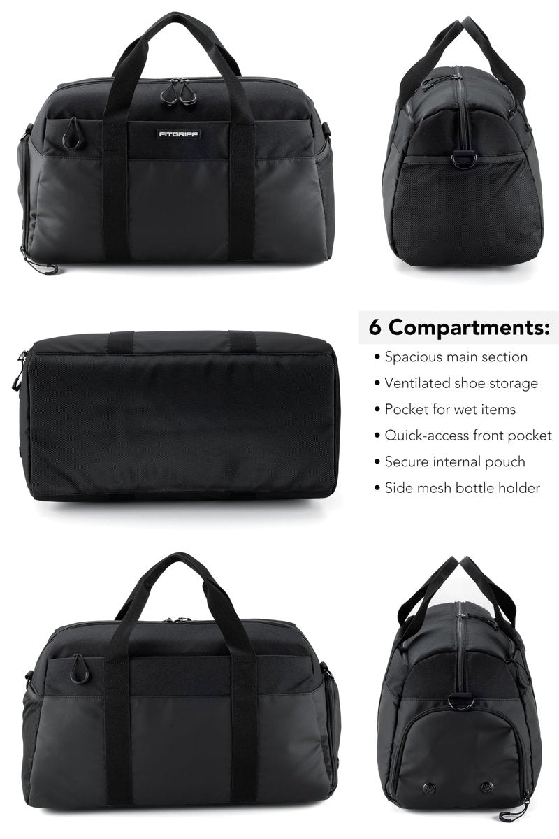Fitgriff® Gym Bag V2 for Men and Women with Shoe & Wet Compartment - Duffle Bag for Travel, Sports, Fitness and Workout (Full Black, 19 x 10 x 11″ (Small))