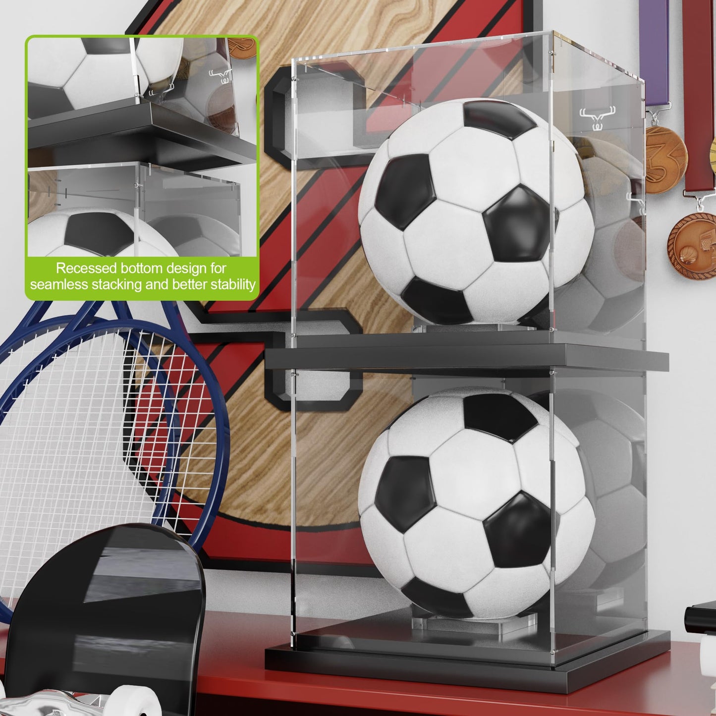 Putros Soccer Ball Display Case with Mirror and Black Metal Stackable Base Acrylic Soccer Ball Case with Transparent Removable Built-in Soccer Ball Display Stand for Autographed Volleyball
