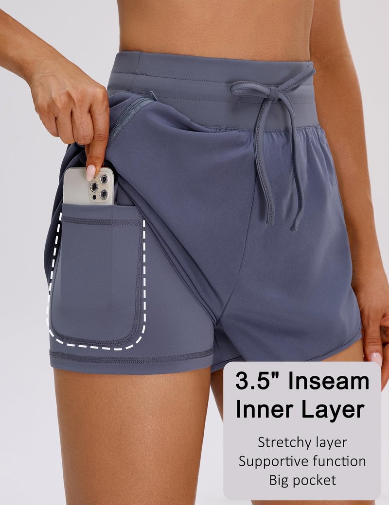 BMJL Womens 2 in 1 Running Shorts for Gym 2.5" Blue High Waisted Drawstring Athletic Workout Shorts 3 Pockets（M,Blue Grey）