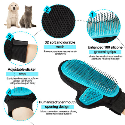 Beenefits 2025 Pet Grooming Glove with Tipped Pin Brush,Special Design Deshedding Glove, Massage Mitt, Perfect Petting Tool for Sensitive Dogs & Cats with Long & Medium Fur - Right-Hand - Blue