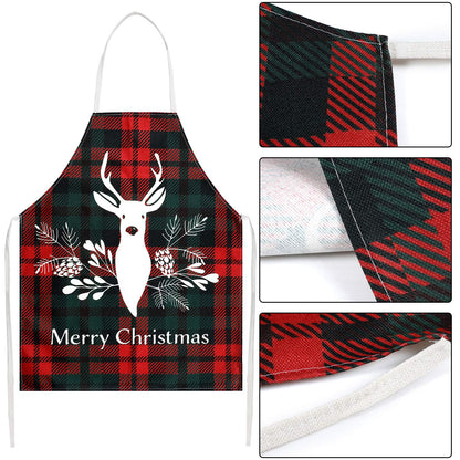 Geyoga 2 Pieces Christmas Aprons for Women Buffalo Plaid Check Adjustable Fabric Red Retro Gingham Elk Apron for Kitchen Cooking Christmas Party Gift