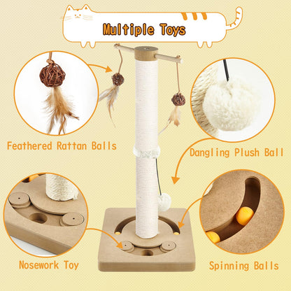 AUSCAT Cat Scratching Post with Multiple Interactive Toys, Vertical Sisal Cat Scratcher for Indoor Cats and Kittens- 63 cm 25 inches Beige