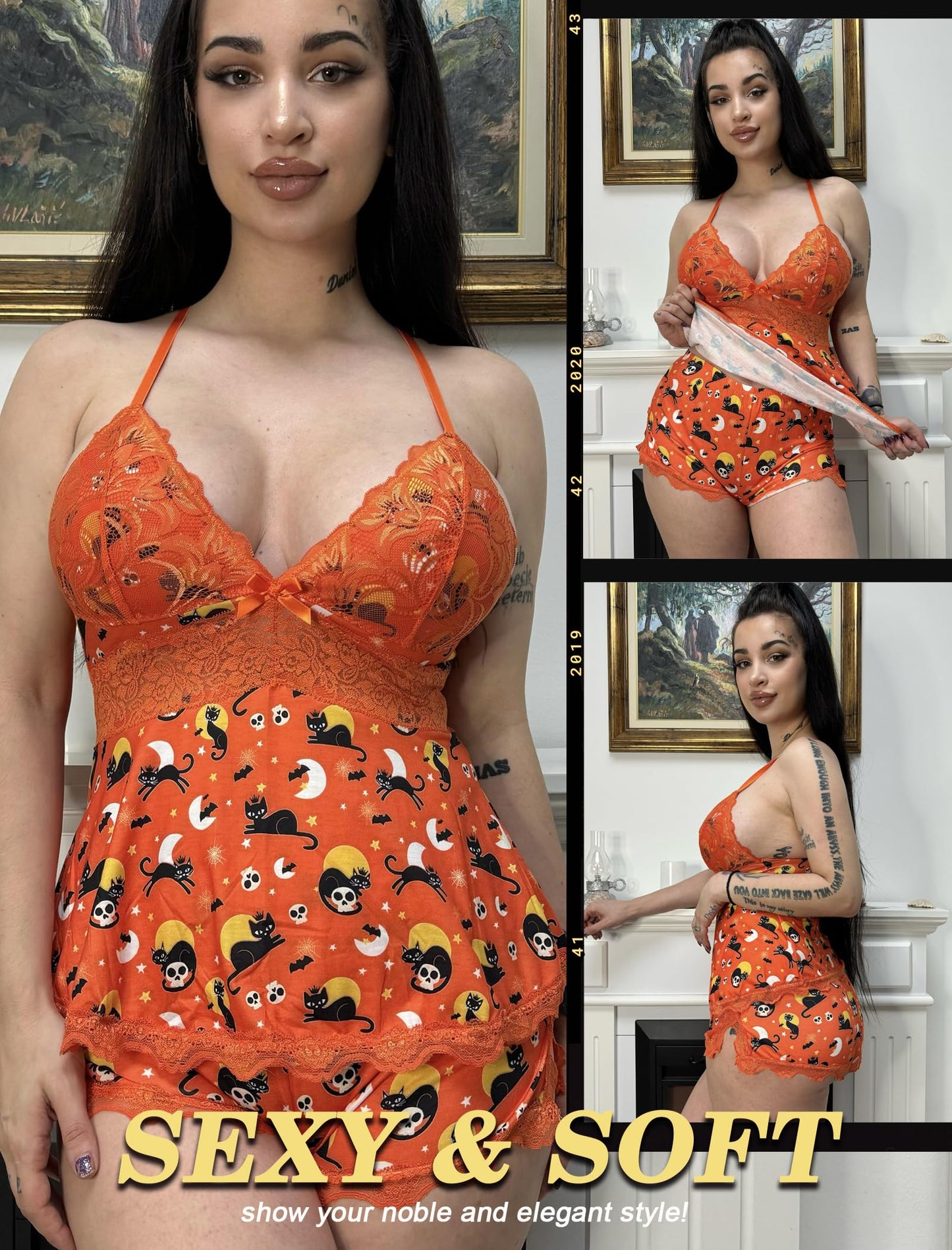 Avidlove Sleepwear Womens Sexy Lingerie Modal Pajamas Cami Shorts Set Nightwear Halloween Orange S-XXL