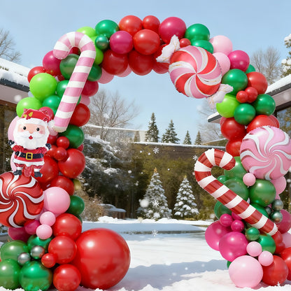 FunHot Christmas Balloon Arch Kit, Xmas Fruit Green Pink Balloon Garland, Hot Pink Red Metallic Green Latex Balloons with Candy Cane Santa Claus Windmill Foil Balloons for Christmas Party Decorations