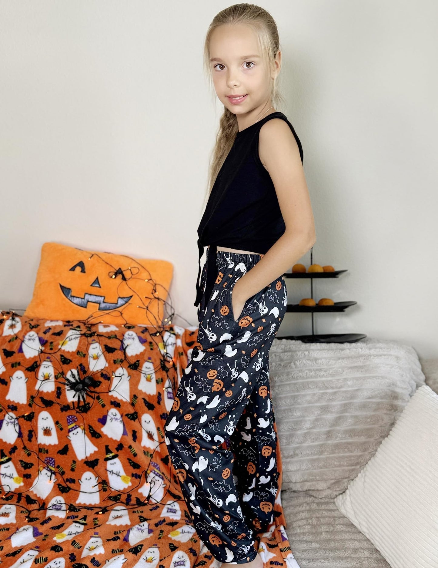 Arshiner Girls Pajama Pants Kids Plaid Pj Pants Comfy Lounge Sleepwear Bottoms with Pockets Black Halloween 11-12 Years